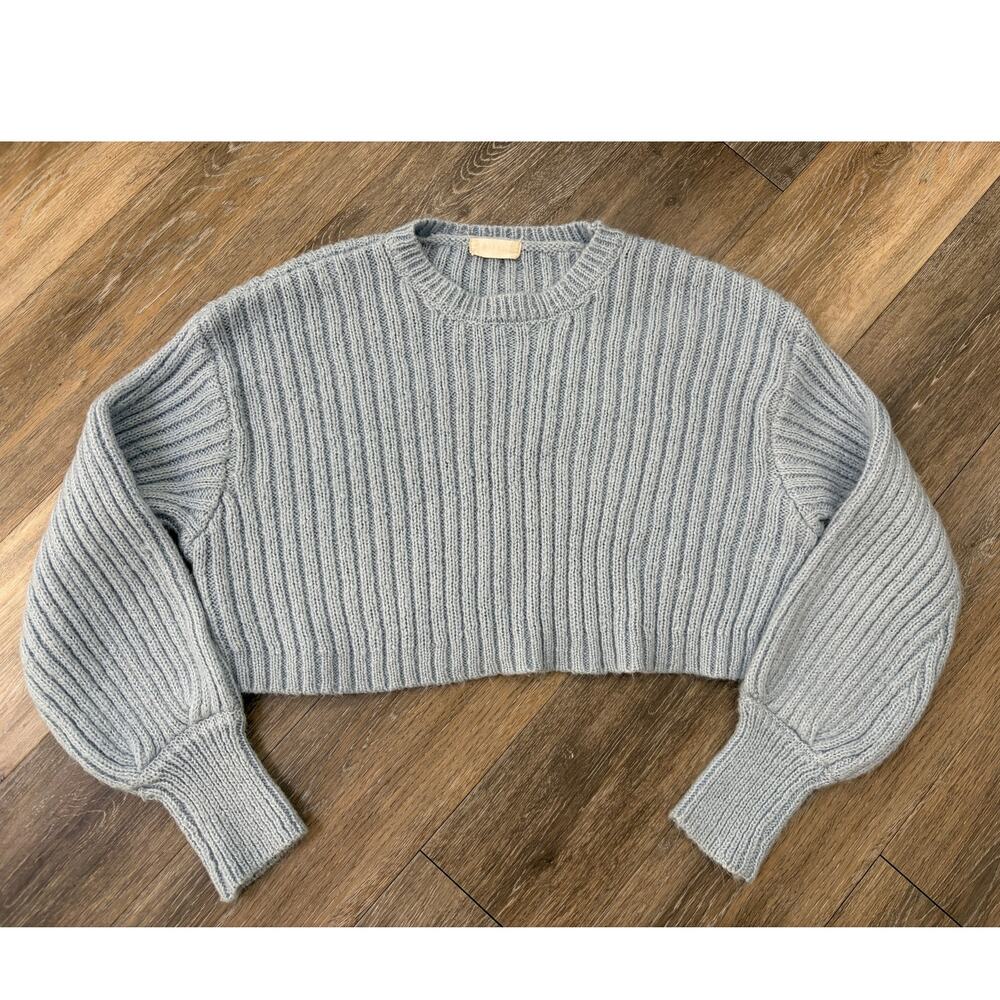 Altar'd State Crop Sweater Womens L Light Blue Rib Knit Balloon Sleeve
